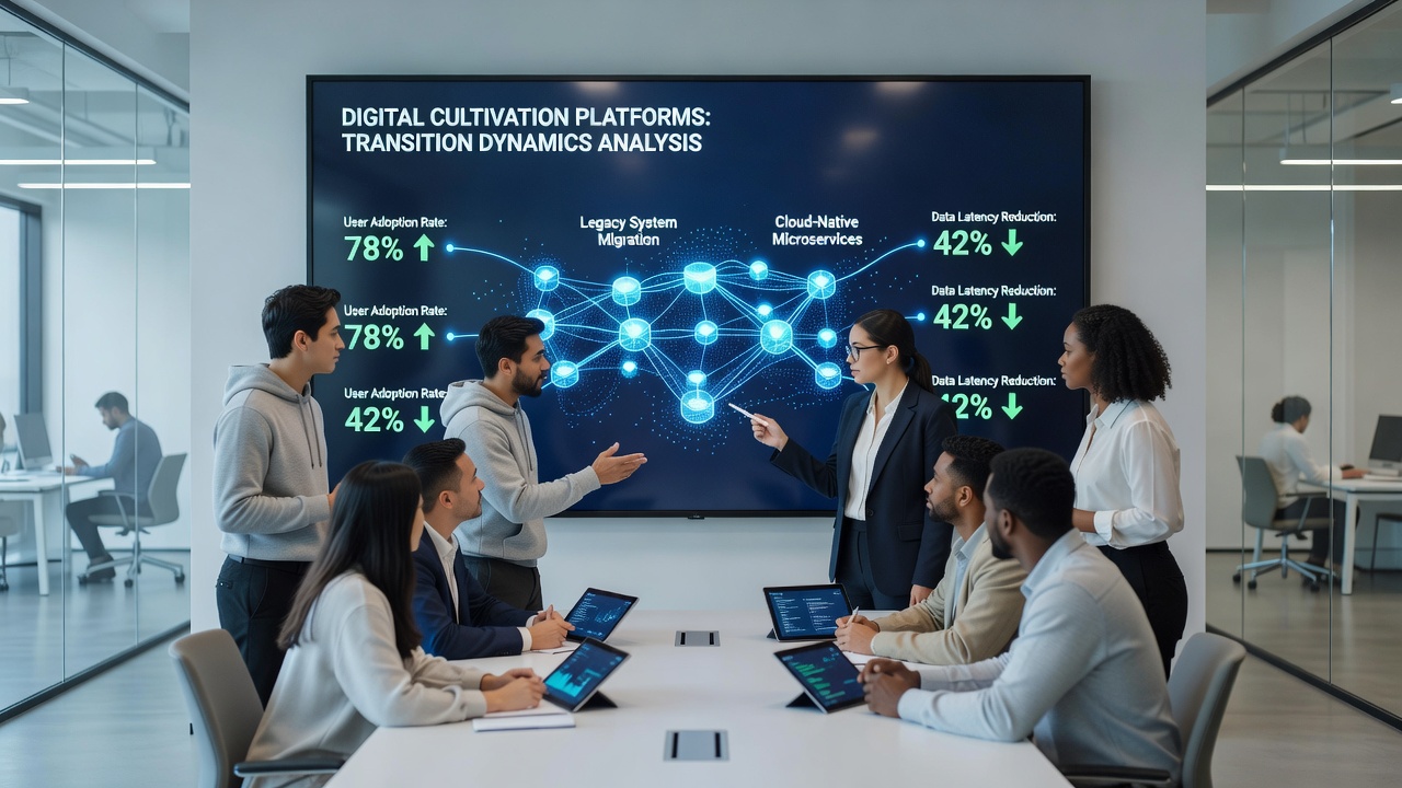 Farm operators reviewing transition logs on mobile devices connected to cultivation platform dashboards