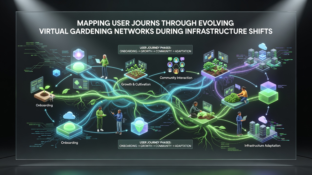 Diagram illustrating rerouted user interactions in a virtual gardening interface post-infrastructure update